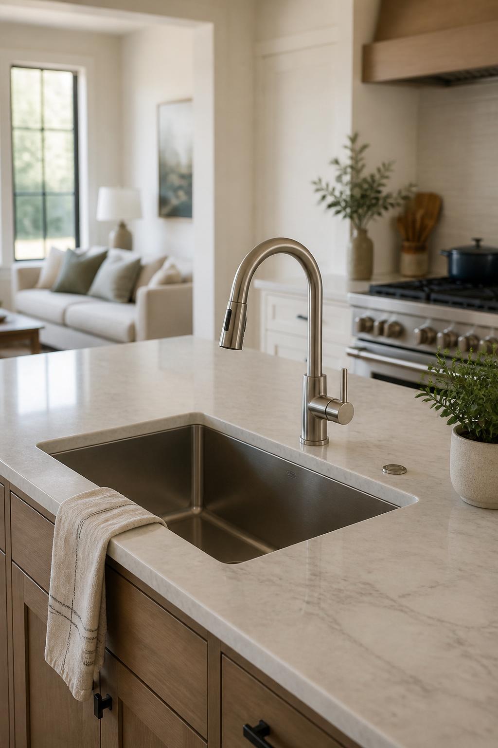 Modern kitchen with polished sink and faucet in a finished interior